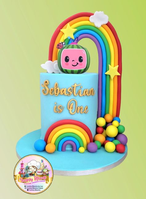 Rainbow and cocomelon Birthday cake Cocomelon Rainbow Cake, Cocomelon Cake Design, Cocomelon Birthday Cake, Rainbow Cake Decoration, Rainbow Baking, Fondant Rainbow, Rainbow Cake Recipe, Cocomelon Theme, Cocomelon Cake