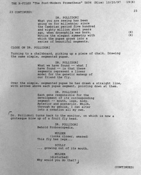 Script from the episode "Post Modern Prometheus" | Season 5 | The X Files X Files Post Modern Prometheus, Modern Prometheus, Five Hundred, Robert Downey, Post Modern, X Files, Robert Downey Jr, Postmodernism