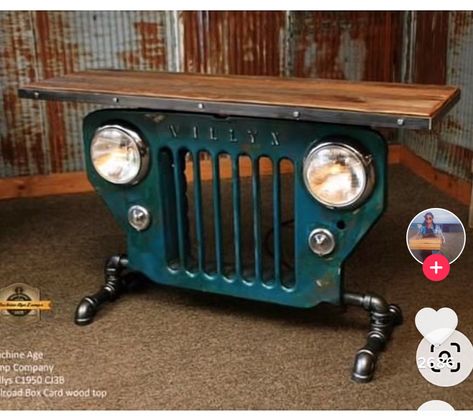 Urban Industrial Decor, Steampunk Furniture, Car Part Furniture, Automotive Furniture, Jeep Grill, Car Furniture, Steampunk Industrial, Jeep Willys, Automotive Decor