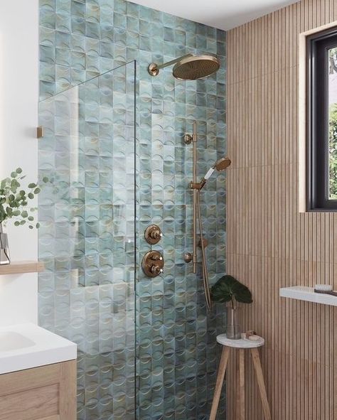 Bathroom Forest Theme, Teal Shower Tile, Wood Look Tile Shower Walls, Tiled Shower With Bench, Small Green Bathroom, Rustic Beach Bathroom, Shower Feature Wall, Walk In Shower Tile, Forest Bathroom