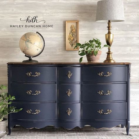 Coastal Blue Dresser | General Finishes Design Center Titanic Decor, Navy Blue Dresser, Redoing Furniture, Blue Painted Furniture, Refinish Furniture, Furniture Upcycling, French Provincial Dresser, Staining Furniture, Blue Dresser