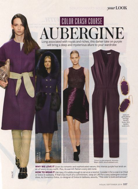 Aubergine! I just love this color. Color Crash Course, Instyle Color Crash Course, Aubergine Dress, Capsule Wardrobe Women, Classic Workwear, Colour Combinations Fashion, Color Combinations For Clothes, Deep Autumn, Barry Manilow