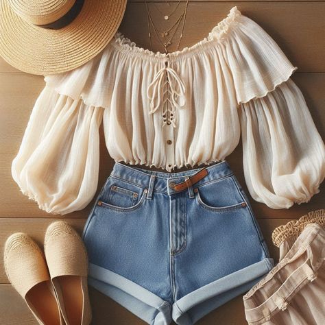 Daily Outfit Ideas (@agencyoutfit) • Instagram photos and videos Daily Outfit Ideas, Delicate Layered Necklace, Espadrille Flats, Effortless Outfit, Chic Look, Pastel Hues, High Waisted Shorts Denim, Wide Brimmed Hats, Beach Days