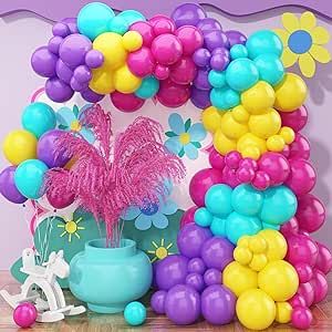 Pink Purple Blue Balloon Arch, 132 Pcs Magic Balloon Garland with Hot Pink Teal Blue Purple and Yellow Balloons, Multicolor Fiesta Rainbow Carnival Neon Balloons for Princess Birthday Party Decoration Neon Balloons, Blue Balloon Arch, Balloon Accessories, Sprinkles Birthday Cake, Purple Balloon, Princess Birthday Party Decorations, Summer Party Themes, Princess Decorations, Barbie Birthday Party