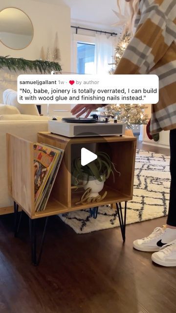 Lucas Shaw on Instagram: "Is this easy enough? 😂

Who remembers when Lucas built our record player stand with NO power tools?!? This really is such a great beginner DIY, and if you make one, we would love to see it and add it to the “Made by You” highlight where we show off all your EmyLuDesign builds! 🤩
Stay tuned for another easy DIY using no power tools coming this weekend! 
What should he build next using only hand tools? 🤔
.
.
.
.
.
.
.
.
.
.
.
.
.
.
.#diy #diycrafts #diyproject #diyideas #asmr #asmrsounds #asmrvideo #recordplayer #gift #giftideas #easydiy #christmasdecor" Diy Turntable Stand, Record Player Stand Diy, Diy Record Player Stand, Turntable Furniture Design, Diy Turntable, Diy Record, Record Console, Turntable Stand, Record Player Stand