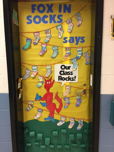 Fox in Socks door Preschool Teaching Ideas, Dr Seuss Classroom Door, Dr Seuss Bulletin Board, Dr Seuss Preschool Activities, Fox In Socks, Dr Seuss Preschool, Dr Seuss Classroom, Dr Seuss Activities, Dr Seuss Crafts