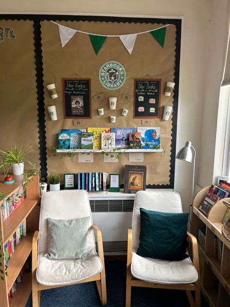 Key stage 2 primary reading display Key Stage 2 Classroom, Book Corner Ideas Classroom Ks2, Primary School Reading Corner, Starbooks Display, Starbooks Reading Area, Ks2 Reading Corner, Reading Display Ks2, English Corner Classroom Ideas, Reading Corner For Kids