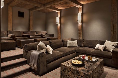 Lodge Basement, Lodge Style Basement, Lodge Mansion Interior, Living Spaces Lodge Sofa, Cabin Mansion Living Room, Yellowstone Club, Rustic Mountain Homes, Sleek Decor, Mountain Getaway