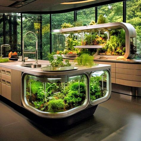 Eco Futurism Aesthetic, Eco Cyberpunk, Solarpunk Interior, Eco Futurism, Futuristic Kitchen Design, Organic Architecture Concept, Futuristic Garden, Futuristic Kitchen, Eco Technology