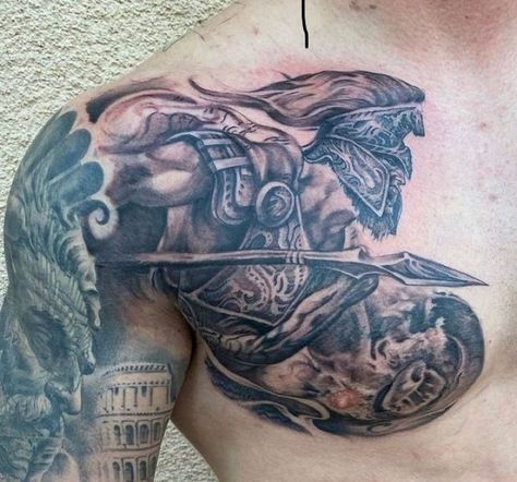 Warrior Chest Tattoo, Chest Piece Tattoo, Sparta Tattoo, Shoulder Armor Tattoo, Underarm Tattoo, Warrior Tattoo Sleeve, Roman Tattoo, Gladiator Tattoo, Soldier Tattoo