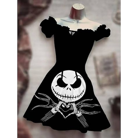 Gothic Disney, Dress Types, Cartoon Dress, Box Dress, Red Season, Manga Cartoon, Skeleton Print, Drawstring Dresses, Anime Design