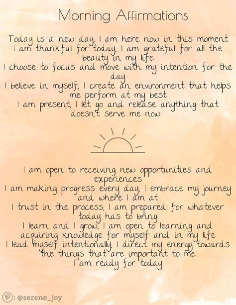 Morning affirmations on an orange, yellow, and peach watercolor background Positive Affirmation Quotes, Career Affirmations, Tell Me Something Good, Quotes Morning, Today Is A New Day, Spiritual Awakening Signs, Healing Affirmations, Gratitude Affirmations, Affirmations For Happiness