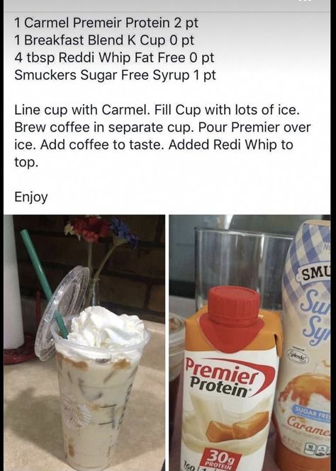 Premier Caramel Protein Shake Recipes, Caramel Protein Shake Recipes, Caramel Premier Protein Recipes, Weight Watchers Coffee, Weight Watchers Shakes, Ww Drinks, Protein Drink Recipes, Different Drinks, Protein Ideas