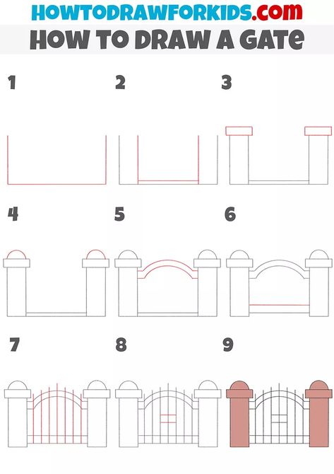 How to Draw a Gate - Easy Drawing Tutorial For Kids How To Draw Wood, Drawing Classes For Kids, Sketching Tips, Building Sketch, How To Draw Steps, Easy Drawing Tutorial, Building Drawing, Cubism Art, Drawing Tutorials For Kids