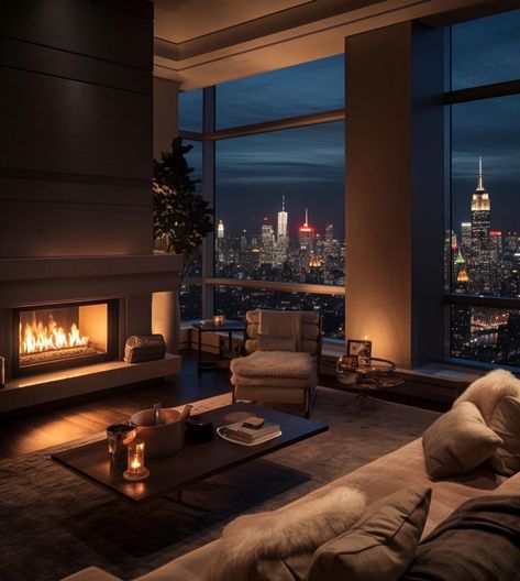 Nyc Living Room Apartment, Penthouse Aesthetic, Cozy Home Decor Ideas, Penthouse Luxury, Houses Mansions, Nyc Penthouse, New York Penthouse, Cozy Living Room Design, Villain Aesthetic