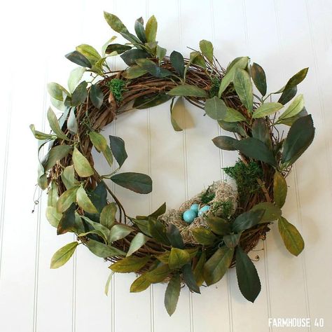 spring bird nest wreath Diy Farmhouse Wreath, Bird Nest Wreath, Farmhouse Baskets, Diy Spring Wreath, Pottery Barn Inspired, Magnolia Wreath, Spring Birds, Birds Nest, Spring Wreaths