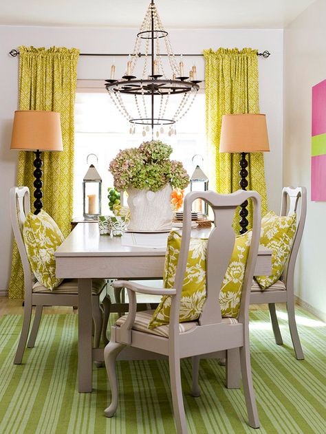 Colorful pillows add comfort to the seat or backrest -- and add a splash of color and pattern to the dining room. #homedecor #bhg Rooms Design, Yellow Curtains, Dining Room Colors, Maximalism, Green Rooms, Room Decorating, Decorating On A Budget, Dining Room Design, Room Chairs