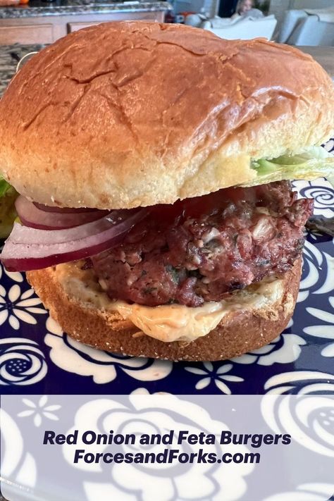 Creamy feta cheese, red onion and fresh herbs create a delicious and deeply flavored burger option this summer. Feta Burgers, Onion Burgers, Creamy Feta, Onion Burger, Red Onion, Fresh Herbs, Feta Cheese, Feta, This Summer