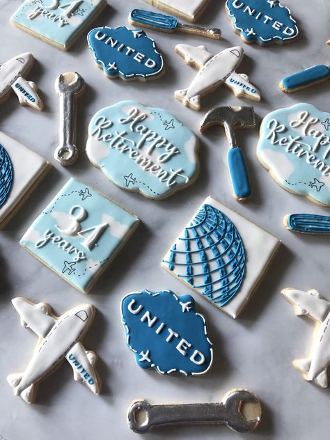 Retirement cookies for an airline mechanic Airline Retirement Party Ideas, Pilot Retirement Party Ideas, Pilot Cookies, Lowkey Birthday, Pilot Retirement Party, Retirement Cookies, Birthday Aesthetics, Pilot Party, Airplane Cookies