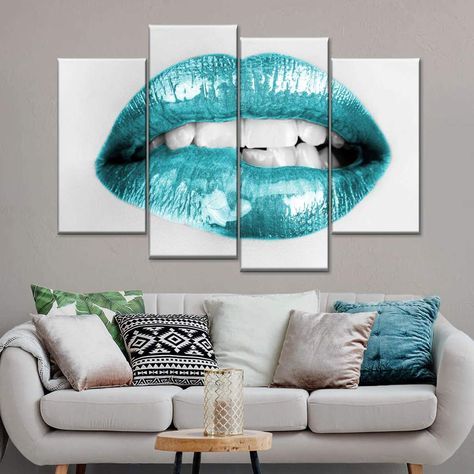 Blue Lips Multi Panel Canvas Wall Art Wall Decorations Living Room, Living Room Teal, Makeup Wall Art, Space Light, Multi Panel Art, Room Wall Painting, Blue Lips, Create Canvas, Art Painting Gallery