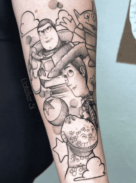 Toy Story Tattoo Design Images (Toy Story Ink Design Ideas) Toy Story Sleeve Tattoo, Forky Toy Story Tattoo, Tatuagem Toy Story, Toy Story Tattoo Ideas, Buzz Lightyear Tattoo, Toy Story Tattoos, Story Tattoo Ideas, Pixar Tattoo, Toy Story Tattoo