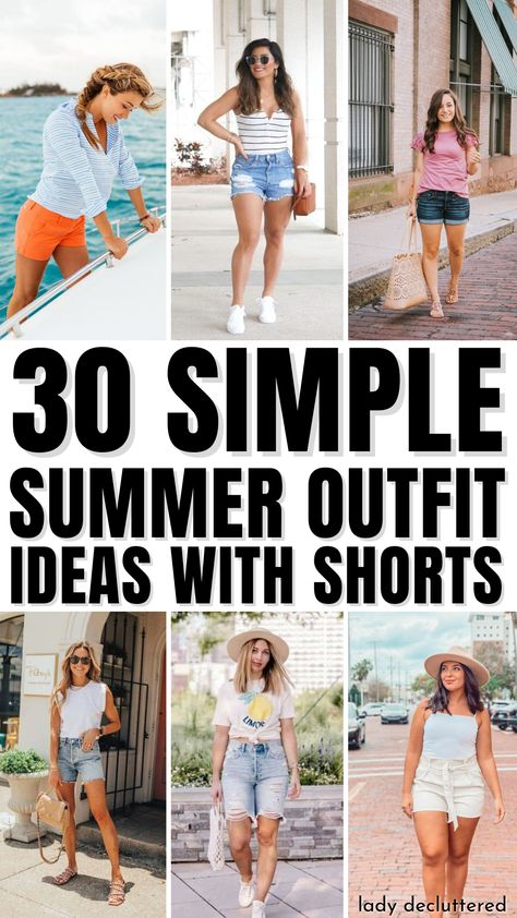 30 Simple Summer Outfit Ideas with Shorts Easy Beach Outfits Casual Summer, Shorts Outfits For Beach, Vacation Outfits Casual Simple, Casual Beach Vacation Outfits Jean Shorts, Tops With Denim Shorts, Outdoor Outfits For Women Summer Casual, Tshirts And Shorts Outfit Summer, Casual Summer Outfits For Women Over 40 With Tennis Shoes, Woman Shorts Outfits