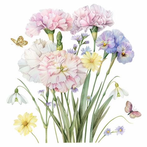 Dreamy Watercolor Illustration of Snowdrop and Carnation Bouquet Carnation And Snowdrop, January Wallpaper, Dreamy Watercolor, Carnation Bouquet, Sea Flowers, Inspirational Digital Art, Yellow Butterflies, Pink Carnations, Pastel Watercolor