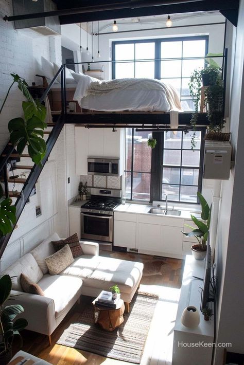 Loft Bedroom Decor, New York Studio Apartment, Mini Apartments, Tiny House Loft, Tiny Apartments, Minimalist Apartment, Sleeping Loft, Apartment Aesthetic, New York Apartment