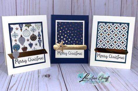 Brightly gleaming cards making the best use of both your designer paper and your card stock! Get the measurements here. #BrightlyGleaming, #Cards, #Christmas, #Quick&Easy, #Stampin'Up!, #stamping, #DIY, #Template, Brightly Gleaming Stampin Up Cards, Blue Handmade Cards, Su Shining Brightly Dsp, Blue Christmas Cards Handmade, Stampin Up Brightly Gleaming Dsp, Stampin Up Brightly Gleaming Cards, Stampin Up Christmas Thank You Cards, Quick Christmas Cards To Make, Stampin Up Shining Brightly Dsp Cards