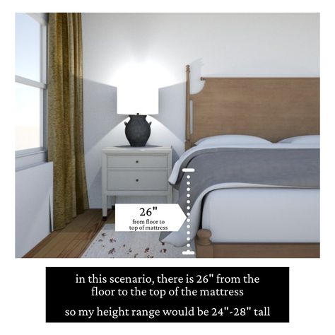 How Big Should Your Nightstand Be? (simple tips to pick the right size nightstand) — Meredith Lynn Designs How To Pick Nightstands, Where To Place Nightstand, Nightstand Taller Than Bed, Nightstand Size Guide, Nightstand Size For King Bed, Nightstand For Tall Bed, Night Stand Height Guide, Height Of Nightstand To Bed, Nightstand Height To Bed Guide