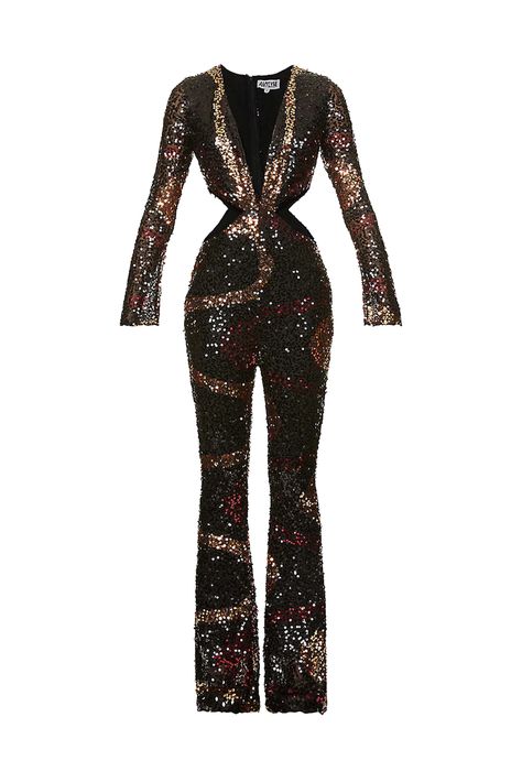 Flare Jumpsuit, Sequin Jumpsuit, Designer Jumpsuits, Studio 54, Kick Flares, Plunge Neckline, 70s Inspired, Sequin Fabric, Inspired Fashion