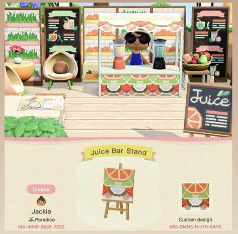 Acnh Juice Stall, Animal Crossing Smoothie Bar, Acnh Juice Bar Code, Juice Bar Animal Crossing, Acnh Juice Bar Ideas, Acnh Orange Juice Stand, Acnh Juice Bar, Acnh Fruit, Acnh Tropicore