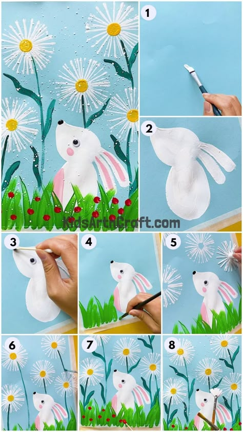 Cute Bunny & Flower Painting Art Spring Kids Painting, Spring Painting For Kids, Easter Art For Kids, Spring Art For Kids, Spring Flower Painting, Bunny Flower, Flower Paint, Spring Art Projects, Bunny Painting