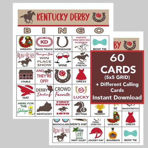 The Kentucky Derby Bingo Game - Fun for the Whole Group or Family! The Kentucky Derby Bingo set includes 60 different cards. INSTANT DOWNLOAD - 2 Game cards per 8 1/2 x 11 page - Print at any copy or photo store. Recommend printing on cardstock. Call List Included. The perfect way to get everyone involved at your party or group gathering. Multiple ways to play: First person to get one row, a diagonal row, four corners or fill the game card. Add prizes for the winners! Kentucky Derby Party Favors, Kentucky Derby Party Games, Bingo Set, Run For The Roses, Kentucky Derby Party, Photo Store, Lottery Tickets, Derby Party, Game Cards