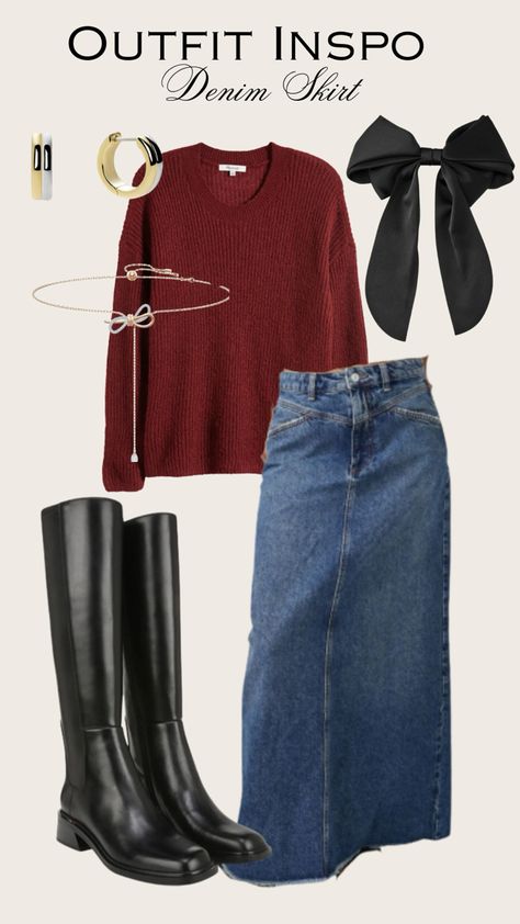 Jean Skirt And Sweater Outfit Fall, Jean Skirt Blazer Outfit, Dark Wash Denim Skirt Outfit, Jean Skirt Sweater Outfit, Maxi Jean Skirt Outfits Winter, Blue Jeans Skirt Outfits, Winter Jean Skirt Outfits, Long Jean Skirt Outfits Aesthetic, How To Style Long Jean Skirt