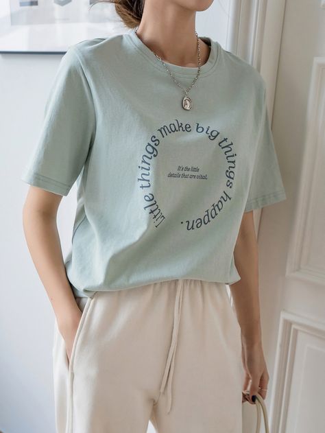 Mint Green Casual  Short Sleeve Cotton Slogan  Embellished Slight Stretch Summer Women Tops, Blouses & Tee Green Tshirt Outfit, Surf Drawing, Slogan Graphic Tee, House Balcony, Balcony Design, Green Tshirt, Tshirt Outfits, Women T Shirts, Graphic Tees Women