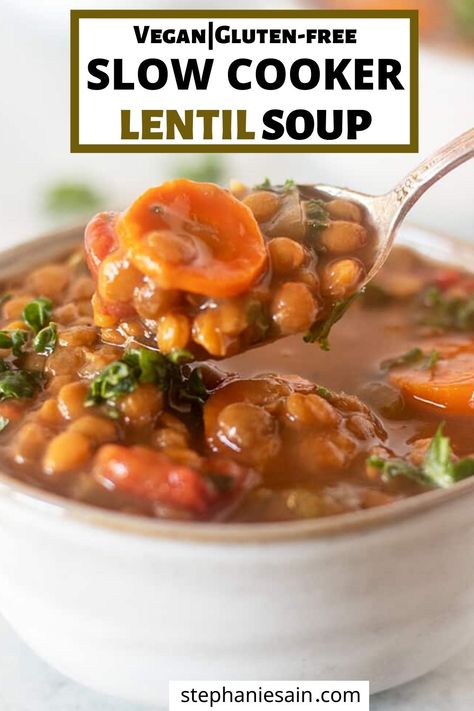 Lentil Soup Crockpot, Warm Comfort Food, Slow Cooker Lentil Soup, Chopped Kale, Slow Cooker Lentils, Vegan Lentil Soup, Slow Cooker Vegetarian, Lentil Soup Recipes, Lentil Stew