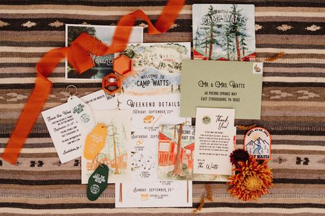 Camp Wedding Invitations, Camp Wedding Theme, Camping Themed Wedding, Camp Wedding Ideas, Summer Camp Wedding Theme, Summer Camp Wedding Invitations, Wes Anderson Wedding Inspiration, Camping Wedding Theme, Campsite Wedding