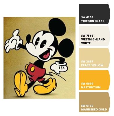 Paint colors from Chip It! by Sherwin-Williams Mickey Mouse Color Palette, Mickey Bathroom, Colours That Go Together, Disney Rooms, Mouse Color, Paint Color Schemes, Disney Bounding, Mickey Y Minnie, Lucky Stone