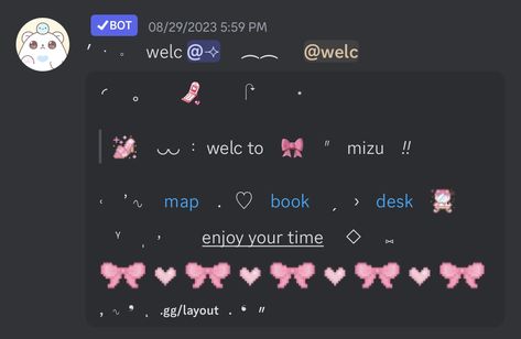 mimu welcome embed (.gg/layout) Discord Welcome Message Template, Discord Webhook Ideas, Discord Server Welcome Message Ideas, Discord Welcome Message Ideas, Discord Themes Server, Cute Discord Server Ideas, Discord Welcome Message, Aesthetic Discord Server Layout, Discord Inspo Server