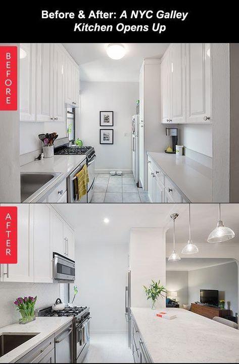 Galley Kitchen Before And After, Kitchen Remodel Ideas Before And After, Open Galley Kitchen, Countertop Concrete, Kitchen Galley, Small Kitchen Renovations, Galley Kitchen Remodel, White Kitchen Remodeling, Kitchen Remodel Before And After