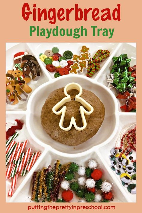 This gingerbread playdough tray is filled with festive loose parts. The spicy playdough recipe is easy to make and little hands can help. Playdough Table, Gingerbread Playdough, Gingerbread Play Dough, Gingerbread Story, Cooked Playdough, Gingerbread Unit, Scented Play Dough, Gingerbread Man Activities, Gingerbread Activities