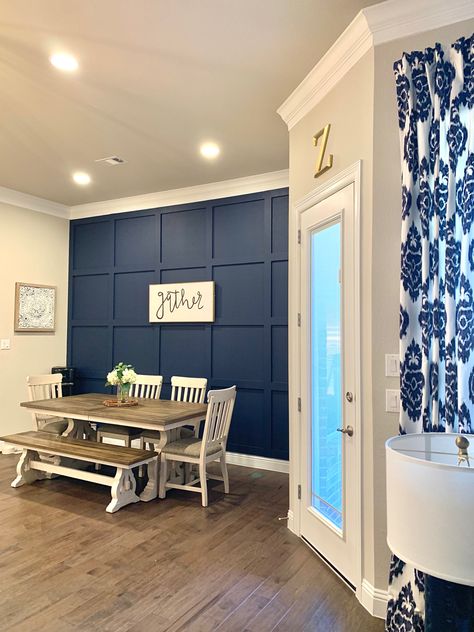 Naval Accent Wall Sherwin Williams, Blue Wainscoting Dining Room, Sherwin Williams Naval Accent Wall, Naval Accent Wall, Navy Board And Batten, Nautical Accent Wall, Blue Basement, Accent Wall Hallway, Naval Sherwin Williams