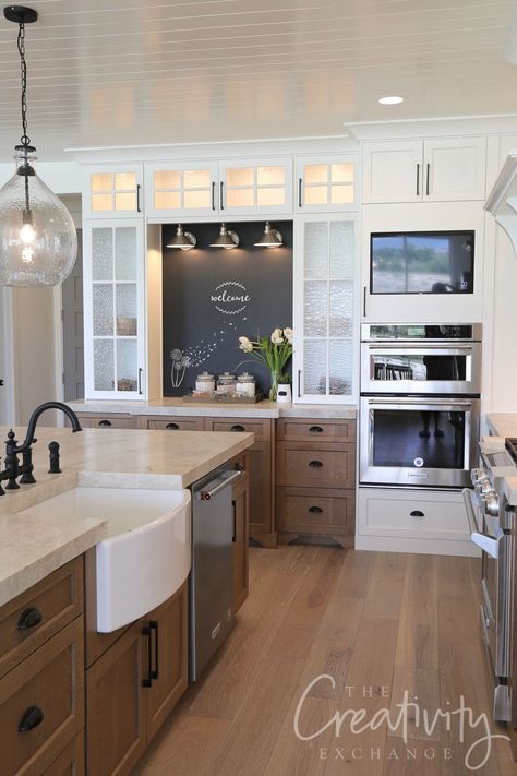 Farmhouse Design Ideas Interiors, Kitchen With Long Wall Of Cabinets, Pale Blue Kitchen Walls Wood Cabinets, Different Height Kitchen Cabinets, Contrasting Kitchen Island Countertop, Klearvue Cabinets Kitchen, Great Kitchens, Kitchen Buffet Ideas, Model Dapur