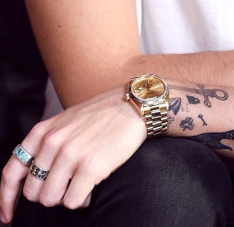 // Harry Styles // Harry Styles Inspired Outfit, Harry Styles Rings, Rolex Presidential, Golden Watch, Harry Edward Styles, Edward Styles, Wrap Watch, Black Tattoos, Italian Charm Bracelet