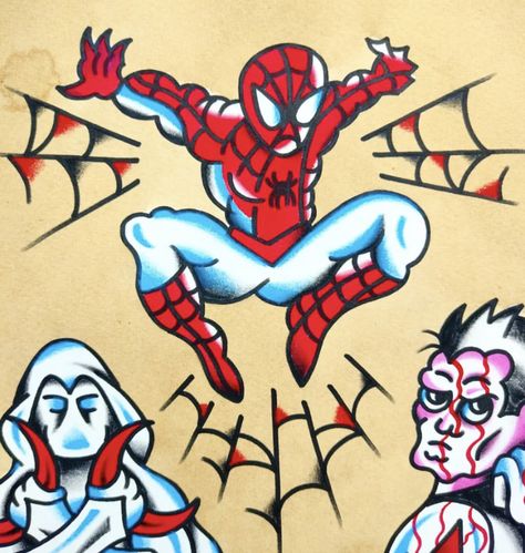 Traditional Superhero Tattoo, American Traditional Spiderman Tattoo, Traditional Spiderman Tattoo, Tatoos God, Spider Punk Tattoo, Color Traditional Tattoo, He Man Tattoo, Tattoo Spiderman, Power Rangers Tattoo