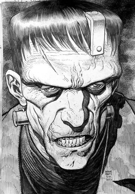 Frankenstein Illustration, Universal Monsters Art, Arthur Adams, Frankenstein Art, Creepy Drawings, Arte Grunge, Comic Book Art Style, Black And White Sketches, Horror Icons