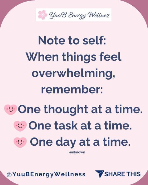 Note to self: When things feel overwhelming, remember: One thought at a time. One task at a time. One day at a time. -unknown It is best to take a break and calm down before tackling an overwhelming task. Meditate, listen to music, practice breathing to get your parasympathetic system to calm down. Then you will be able to think clearly to plan out how to divide those tasks to be done in what order. One thought, task, day, at a time. You got this!! 😀👍👏 . . . #FreeSymptomTracker #CalmYour... One Task At A Time, Symptom Tracker, Music Practice, One Day At A Time, Listen To Music, Calm Down, Take A Break, Note To Self, Listening To Music