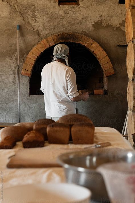 Man Putting Dough In Stone Bread Oven | Stocksy United Oven Photography, Man Baking, Masonry Oven, Bakery Oven, Rural Housing, Village Bakery, Project Photography, Bread Kitchen, Stone Oven