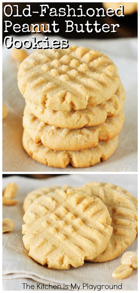 Grandma's Old-Fashioned Peanut Butter Cookies ~ Soft, tender, rolled in sugar, fork-pattern adorned & loaded with fabulous peanut butter flavor! These peanut butter cookies like Grandma used to make are the stuff childhood cookie memories are made of. #peanutbuttercookies #cookies www.thekitchenismyplayground.com Peanut Butter Cookies Soft, Old Fashioned Peanut Butter Cookies, Peanut Butter Cookies Easy, Peanut Butter Cookie Recipe Soft, Homemade Peanut Butter Cookies, Cookies Peanut Butter, Butter Cookies Easy, Best Peanut Butter Cookies, Chewy Peanut Butter Cookies